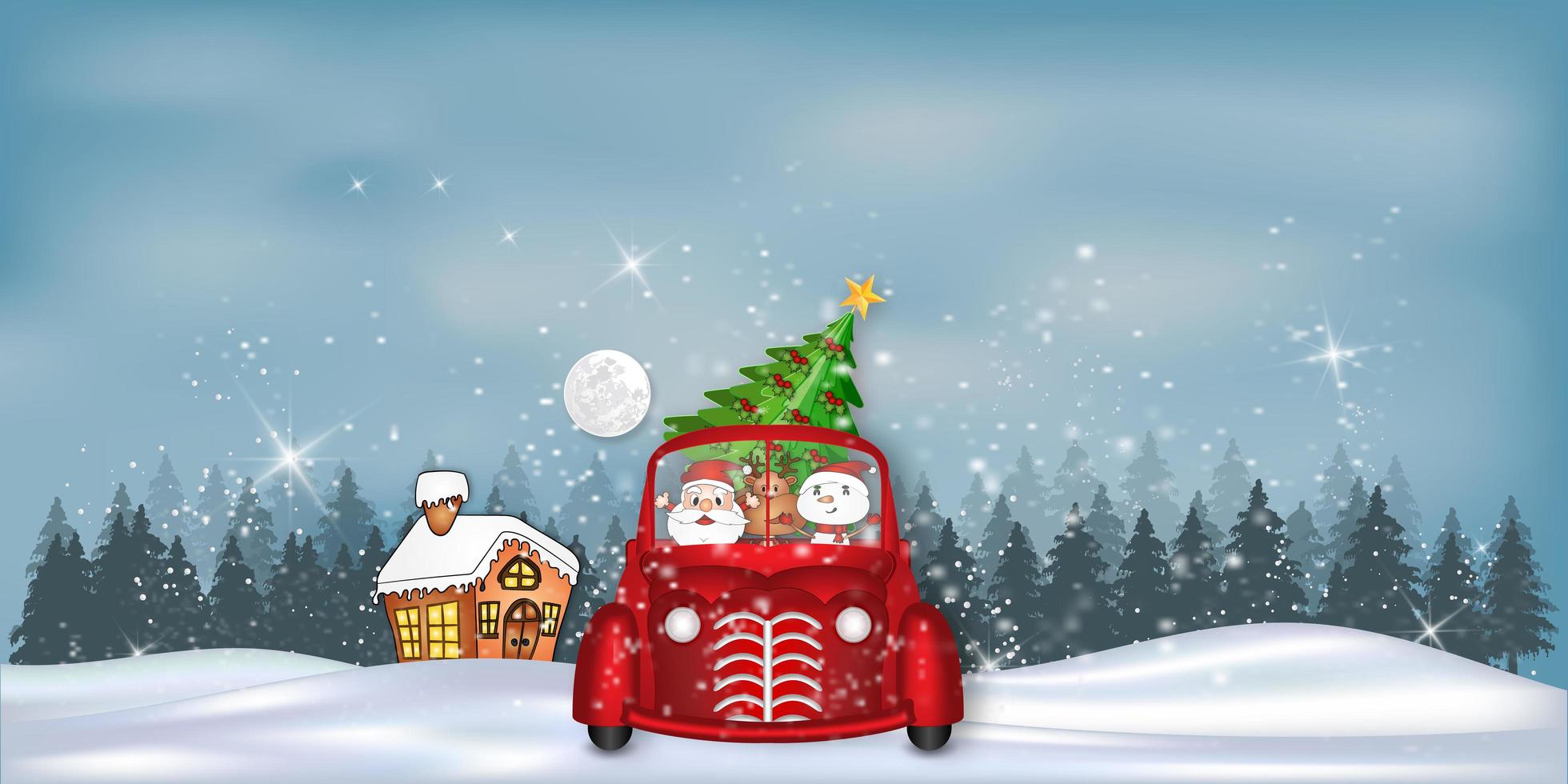 paysage d'hiver avec le père Noël, les rennes et le bonhomme de neige en voiture vecteur