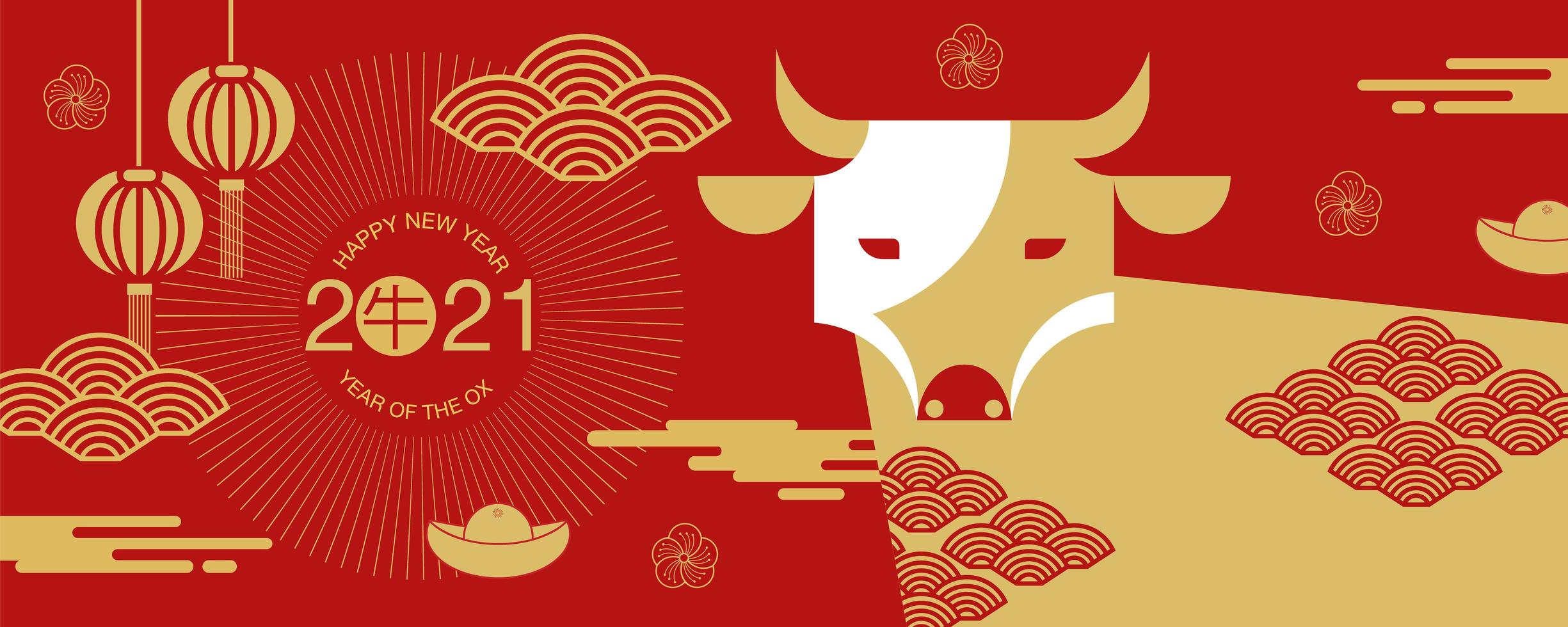 Bannière du nouvel an chinois 2021 avec vue de face de boeuf vecteur