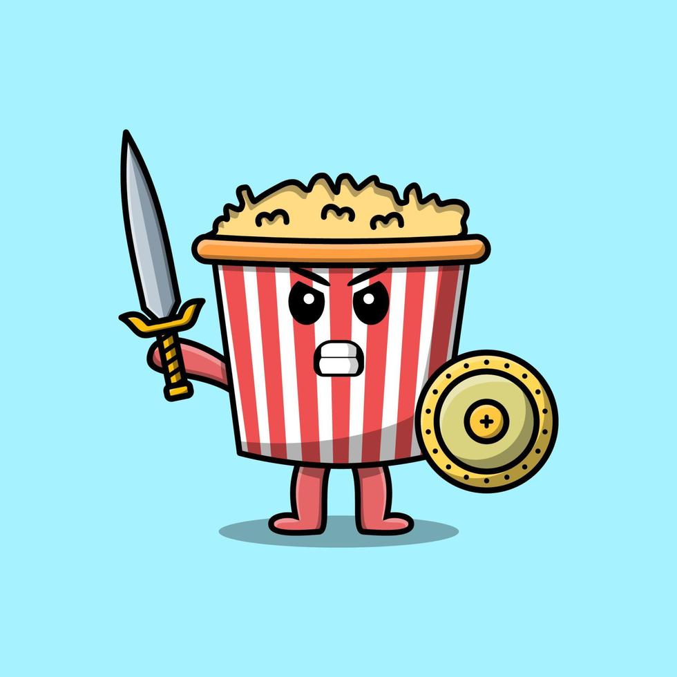 personnage de dessin animé mignon popcorn tenant une épée vecteur
