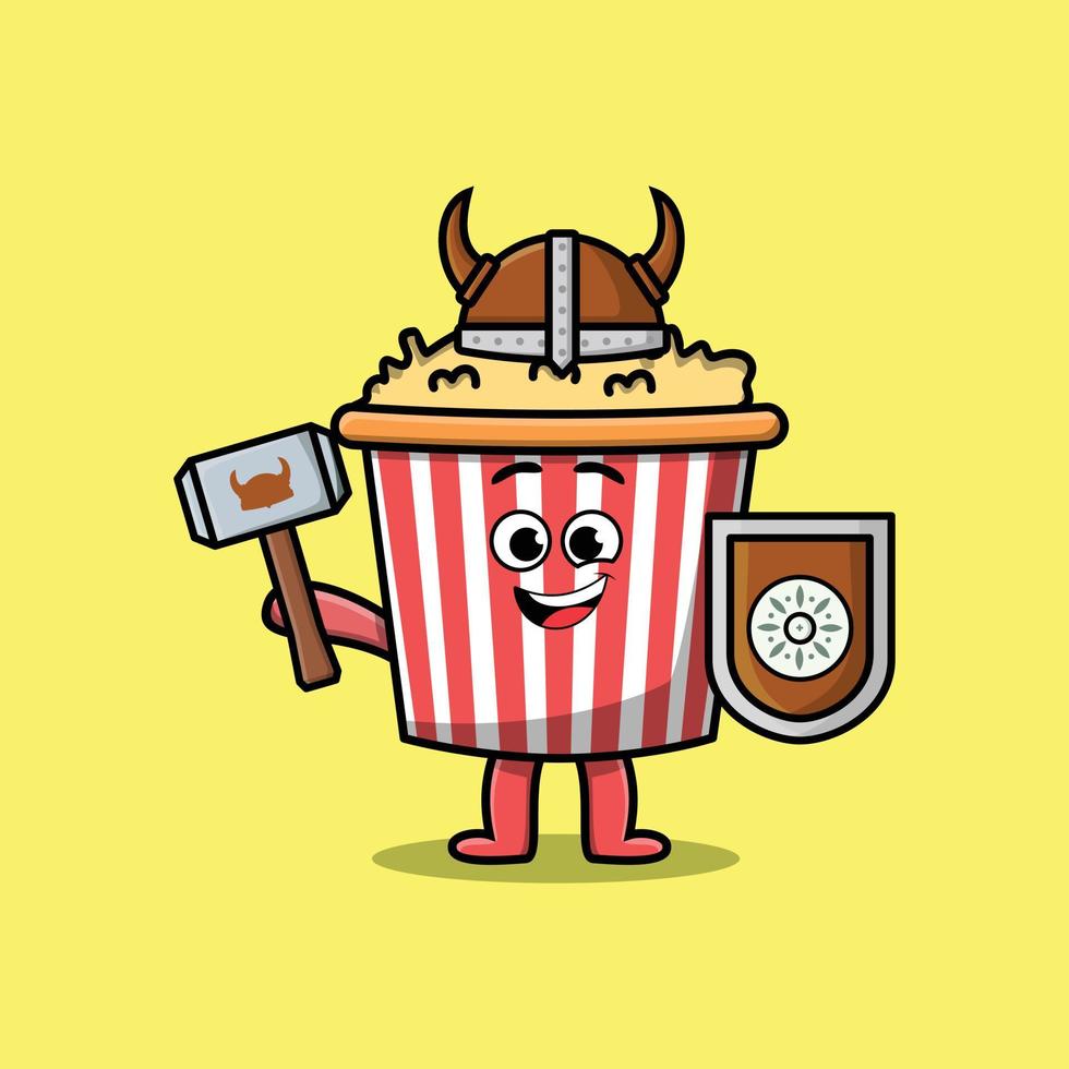 dessin animé mignon pop-corn pirate viking tenant un marteau vecteur