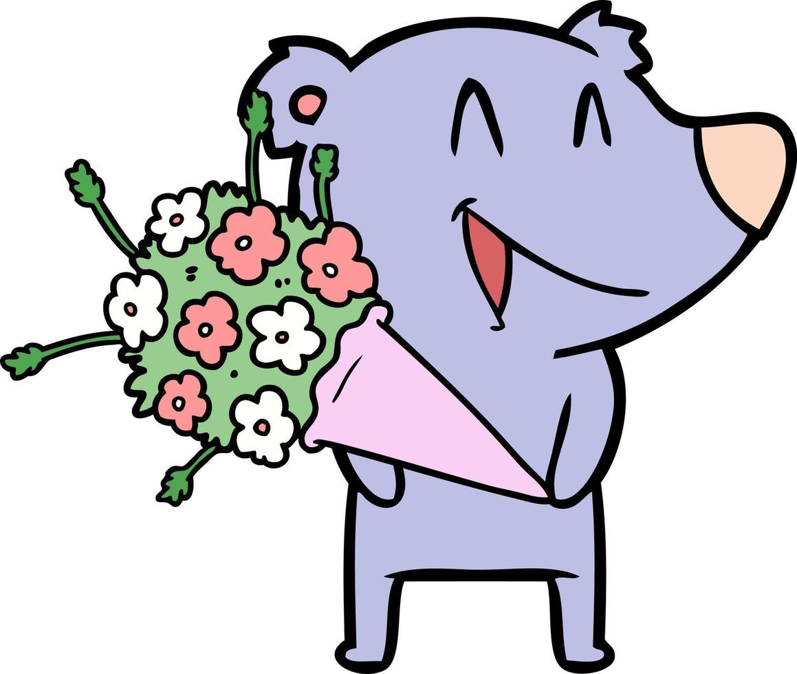 caricature d'ours qui rit avec des fleurs vecteur