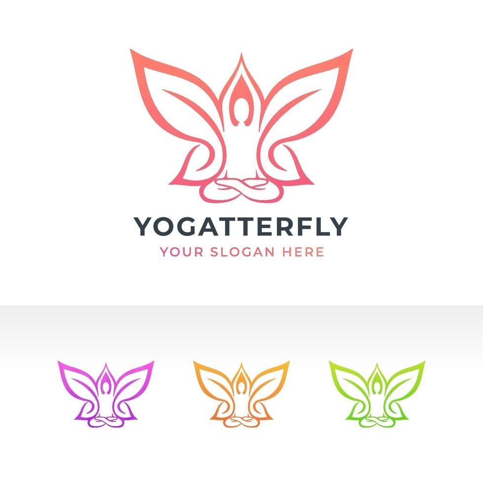 pose de yoga et création de logo papillon vecteur