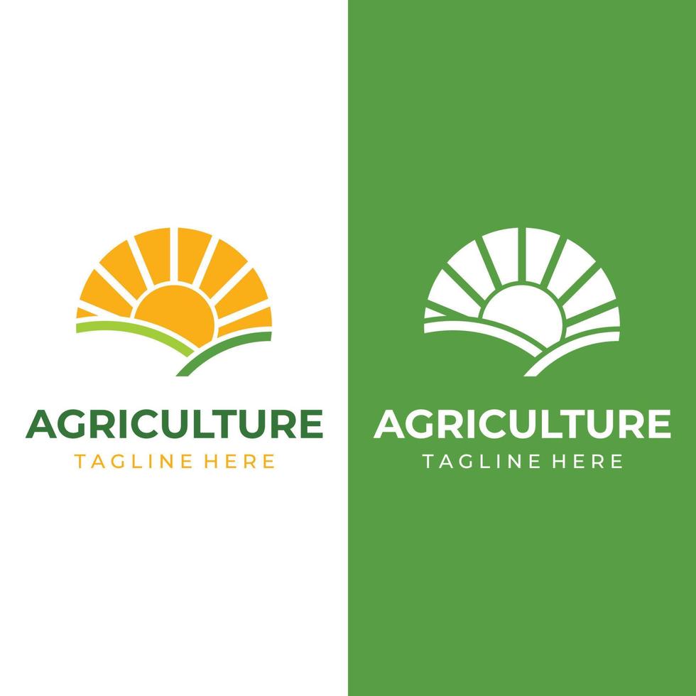 conception de modèle créatif de logo de paysage vert avec des terres agricoles ou des plantations et des collines.logo pour les produits naturels et agricoles. vecteur