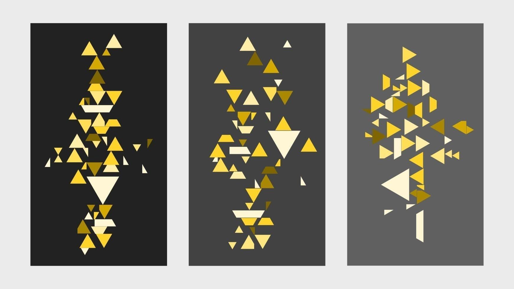 ensemble de 3 présentoirs muraux ou peintures numériques sur le thème des triangles géométriques abstraits et autres formes sur fond jaune doré et noir vecteur