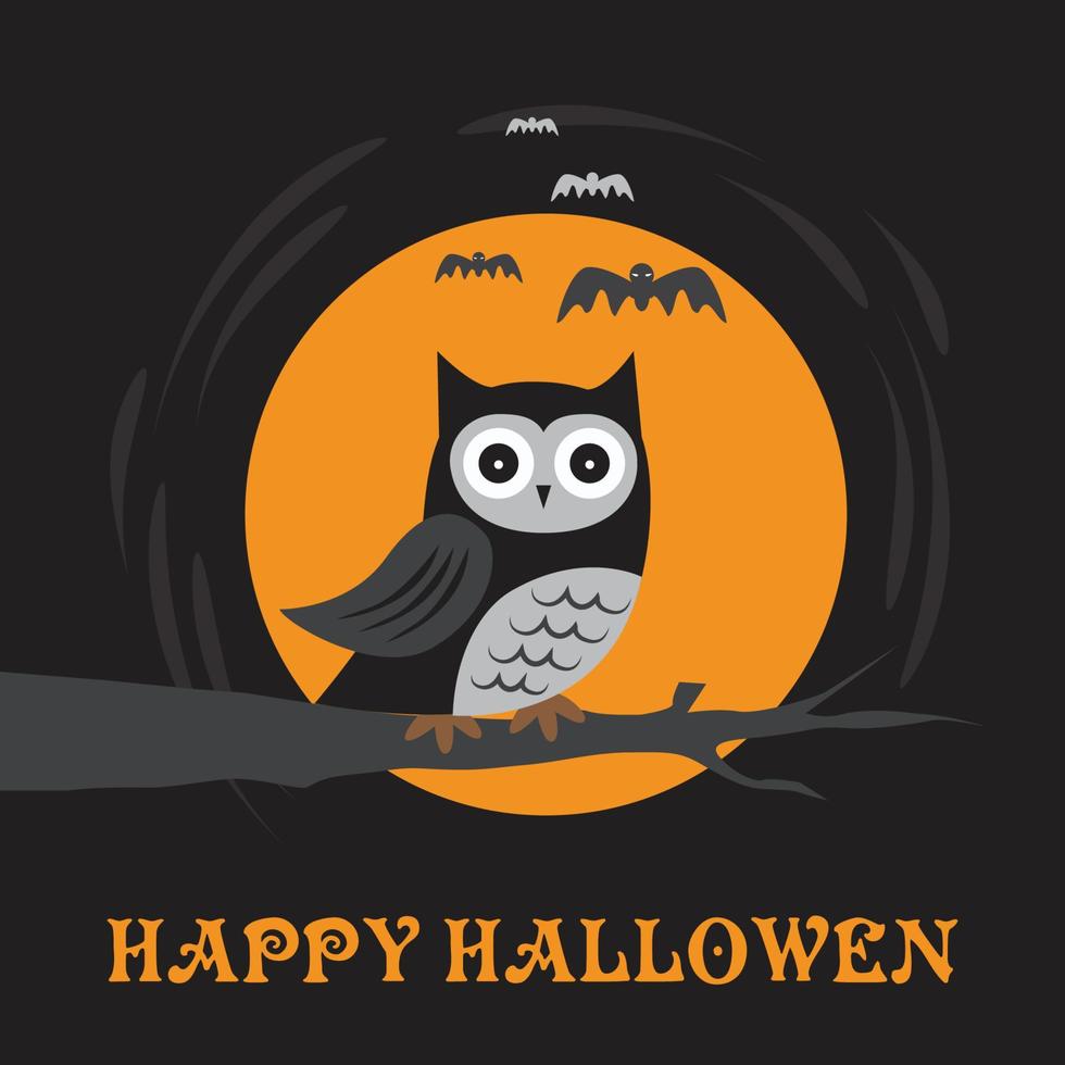 texte joyeux halloween avec hibou et chauve-souris dans la nuit vecteur