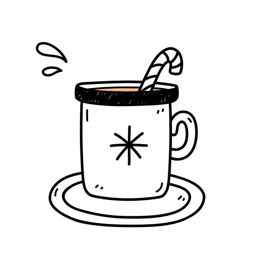 tasse de chocolat chaud avec canne en bonbon isolé sur fond blanc. illustration vectorielle dessinée à la main dans un style doodle. parfait pour les conceptions de vacances et de noël, cartes, logo, décorations, menu. vecteur