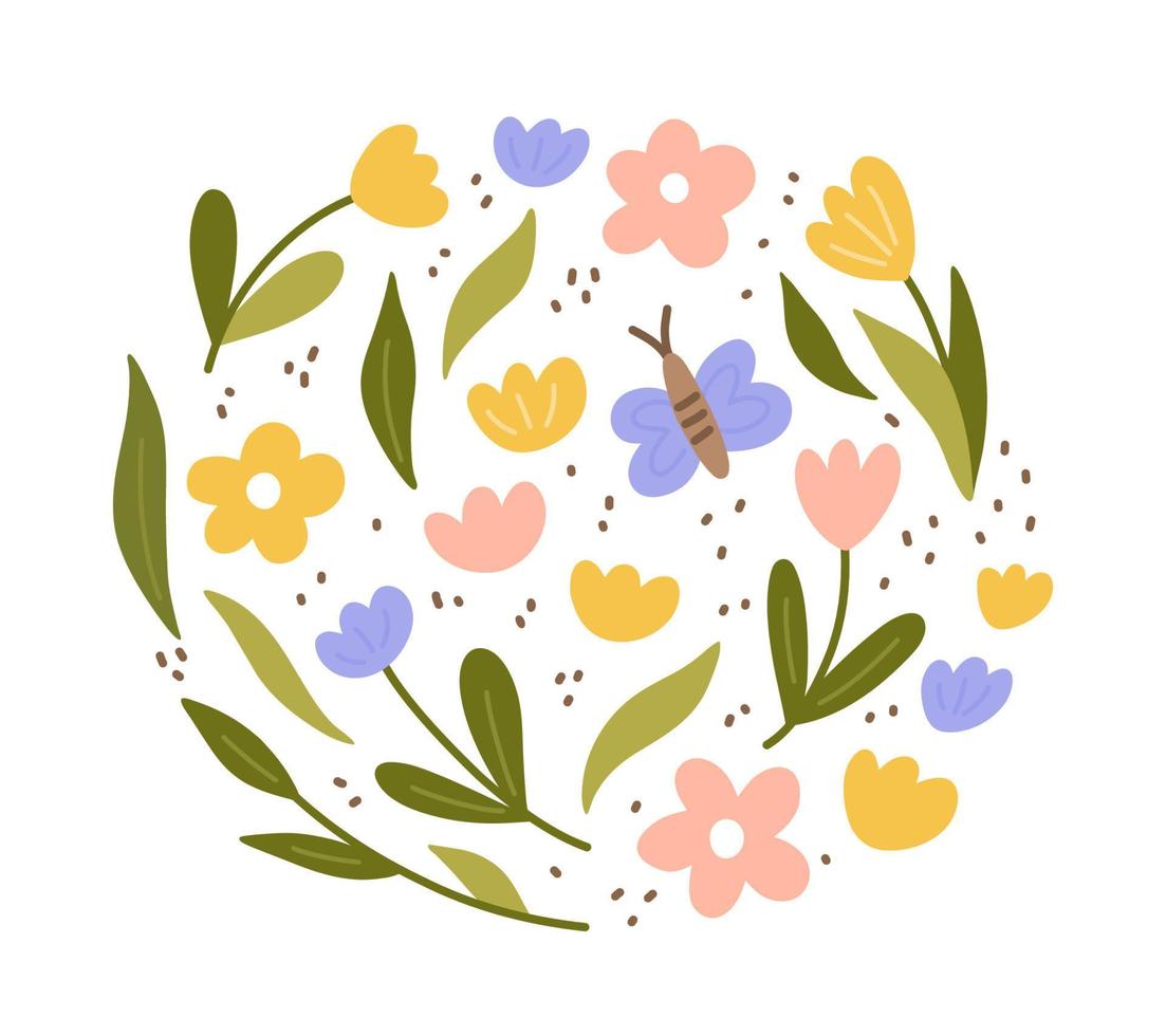 fleurs, feuilles et papillons mignons de couleur doodle isolés sur fond blanc. illustration vectorielle dans un style plat dessiné à la main. parfait pour les cartes, logo, décorations, divers designs. clipart botanique. vecteur