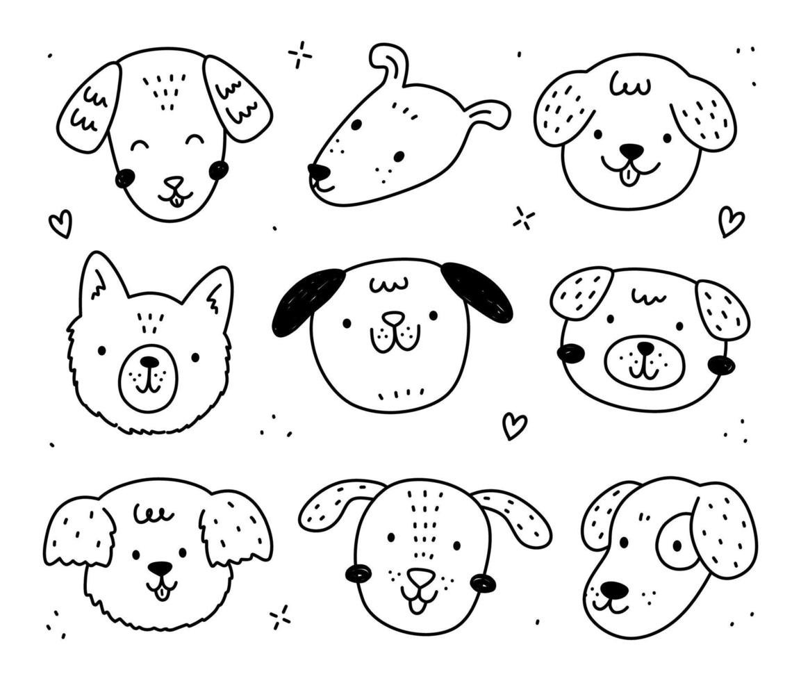 doodle ensemble de chiens et chiots heureux isolés sur fond blanc. animaux mignons. illustration vectorielle dessinée à la main. parfait pour les décorations, cartes, logo, divers designs. personnages de dessins animés simples. vecteur