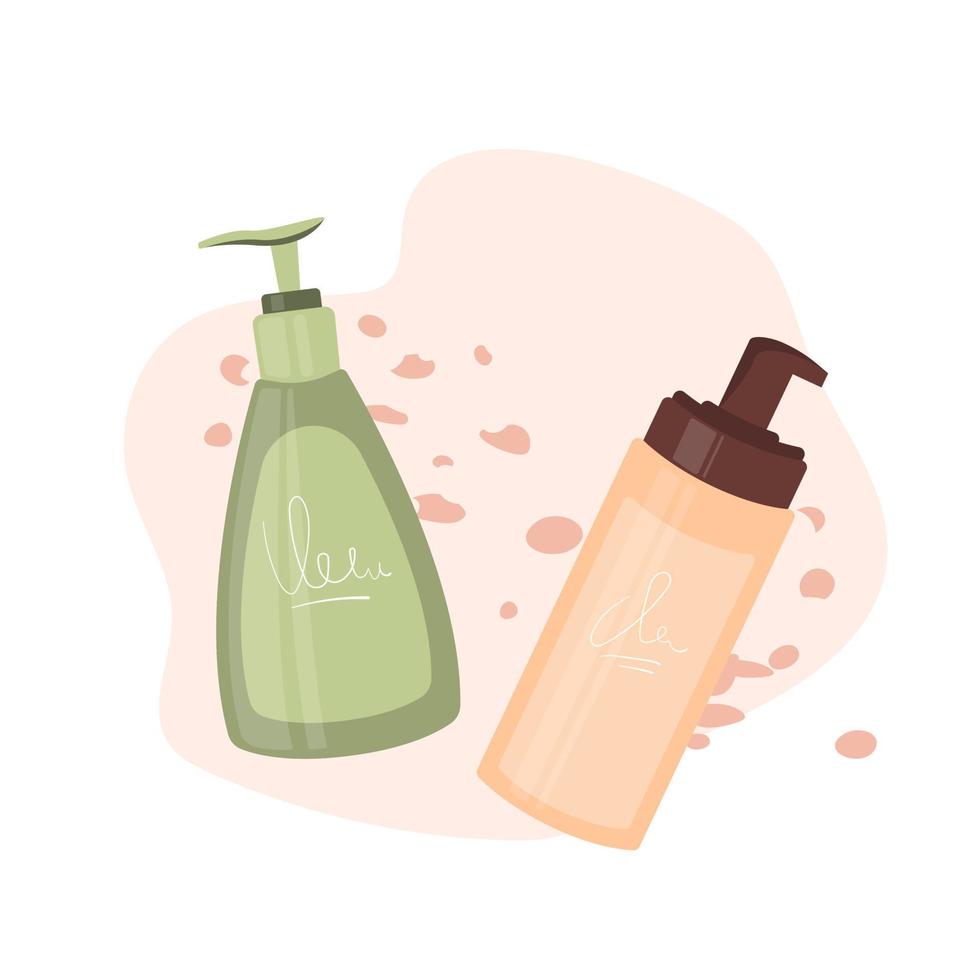 bouteilles cosmétiques sur fond de plante. concept d'outils beauté et soins de la peau, spray, éco, nettoyant. illustration plate de vecteur. vecteur