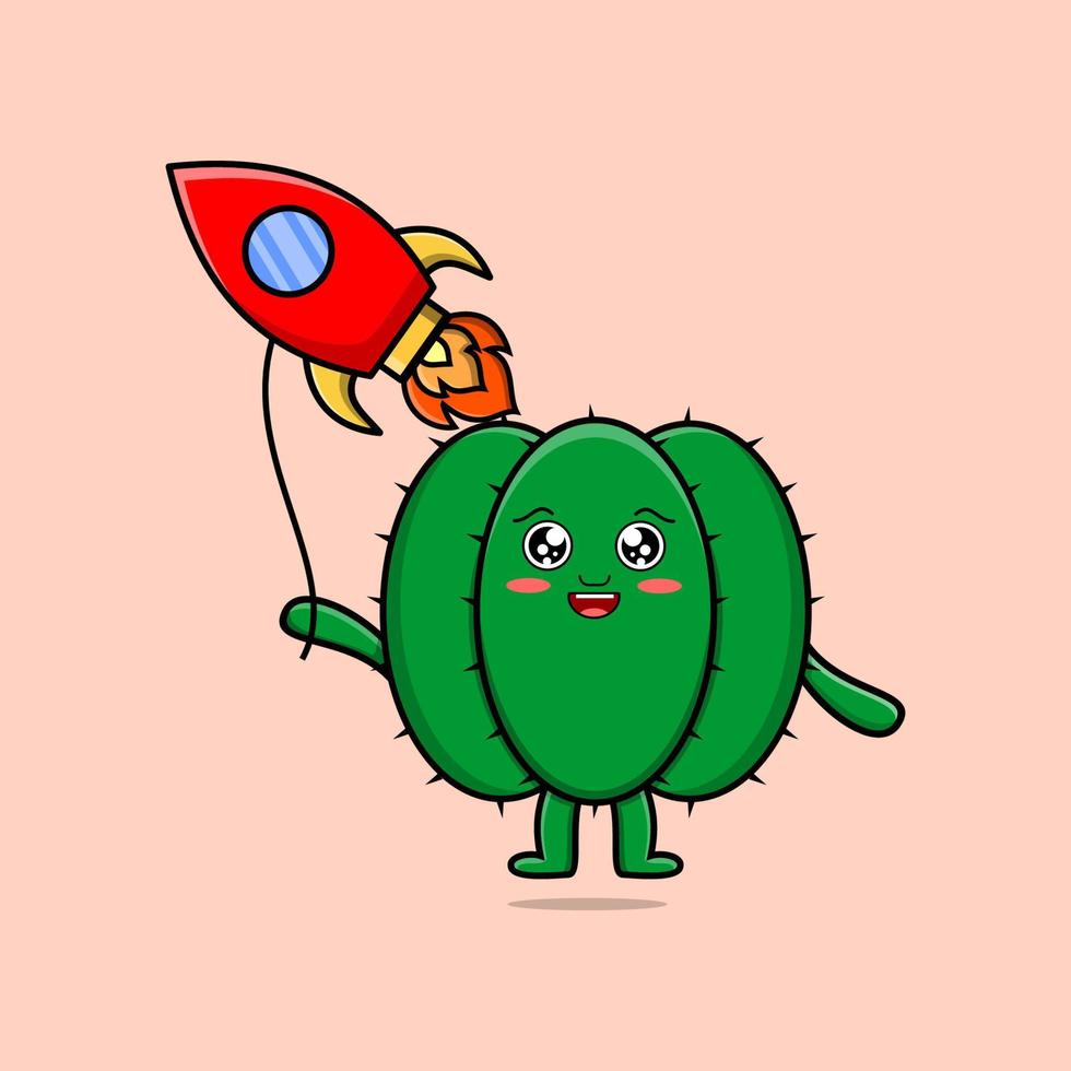 cactus de dessin animé mignon flottant avec ballon fusée vecteur