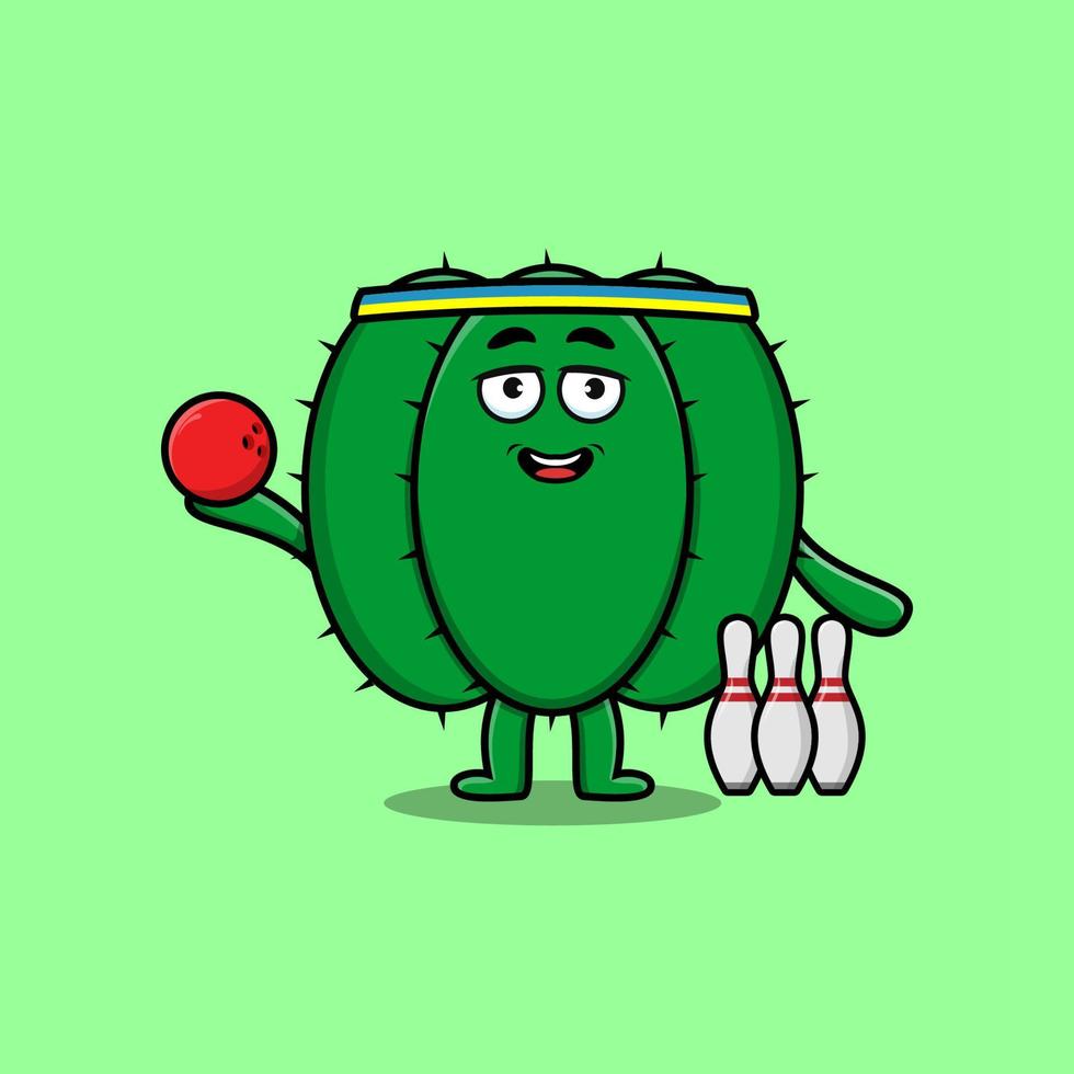 personnage de dessin animé mignon cactus jouant au bowling vecteur