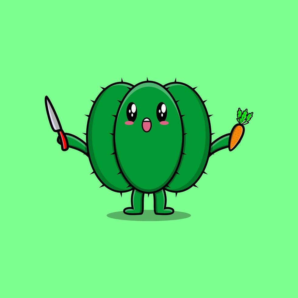 cactus de dessin animé mignon tenant un couteau et une carotte vecteur