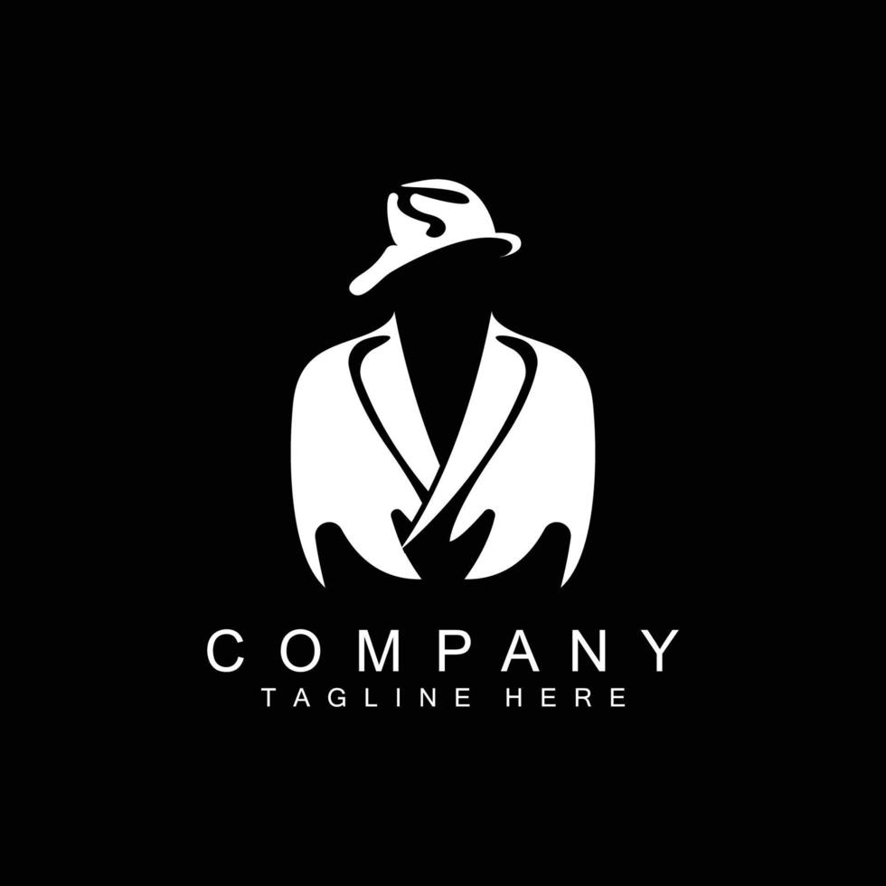 création de logo d'homme détective, smoking de mode détective mafieux et vecteur d'illustration de chapeau, icône d'homme d'affaires noir