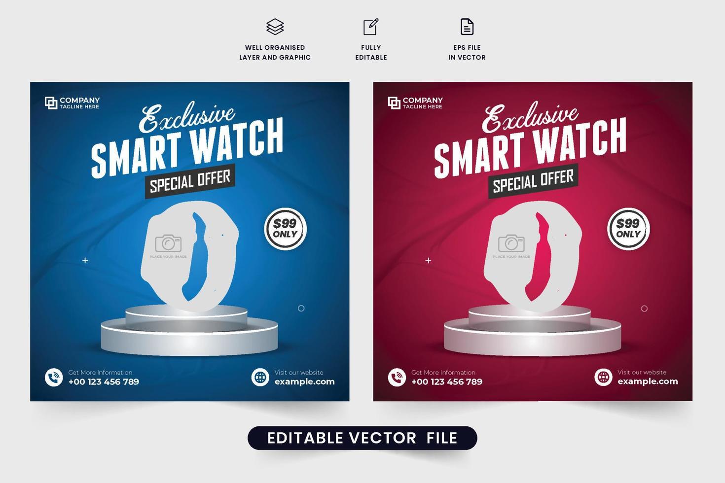 conception exclusive de bannières Web promotionnelles smartwatch avec des couleurs rouges et bleues. modèle de remise de vente d'horloge et de gadget pour le marketing en ligne. vecteur de publication de médias sociaux de vente de montre-bracelet.