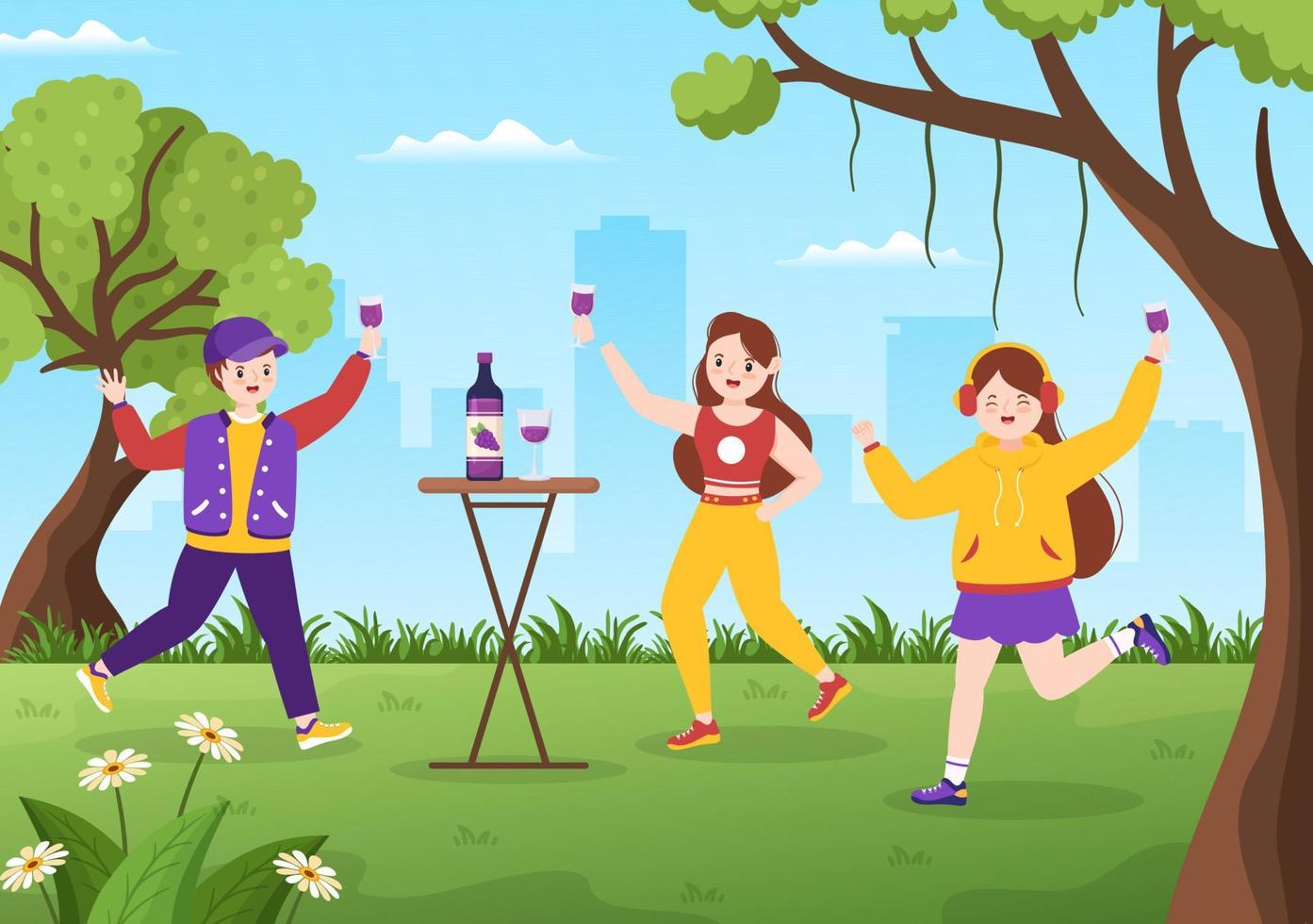 modèle de fête du vin illustration plate de dessin animé dessiné à la main avec des gens dansant, tenant une bouteille de champagne et buvant dans le concept d'événement festif vecteur