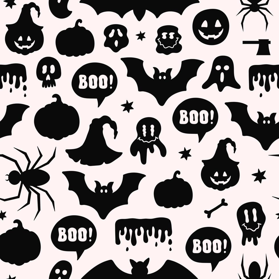 modèle sans couture avec symboles d'halloween noirs, fantôme, chauve-souris, araignée, citrouille dans un style plat de dessin animé. illustration vectorielle vecteur