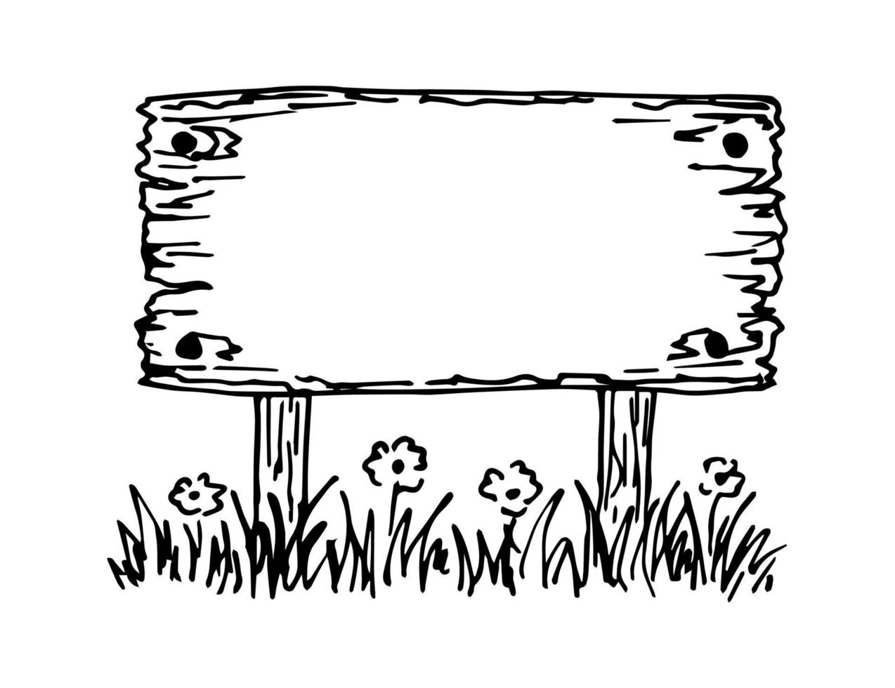 dessin noir et blanc vectoriel dessiné à la main dans le style de gravure. vieille enseigne en bois dans l'herbe et les fleurs. espace vide pour le titre au centre.