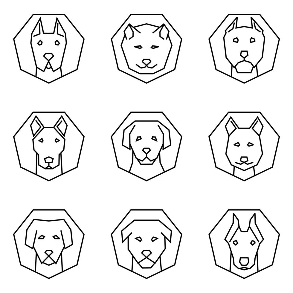 jeu d'icônes outine visages de chiens vecteur