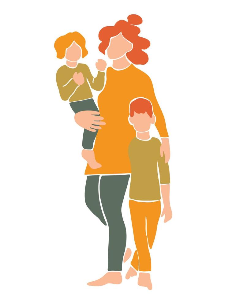 mère de deux enfants tenant sa petite fille et étreignant son fils. illustration vectorielle dessinée à la main dans un style minimal abstrait vecteur