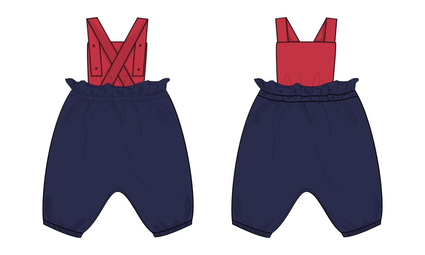 conception de robe de salopette pour enfants modèle d'illustration vectorielle de croquis plat de mode technique vues avant et arrière. vecteur
