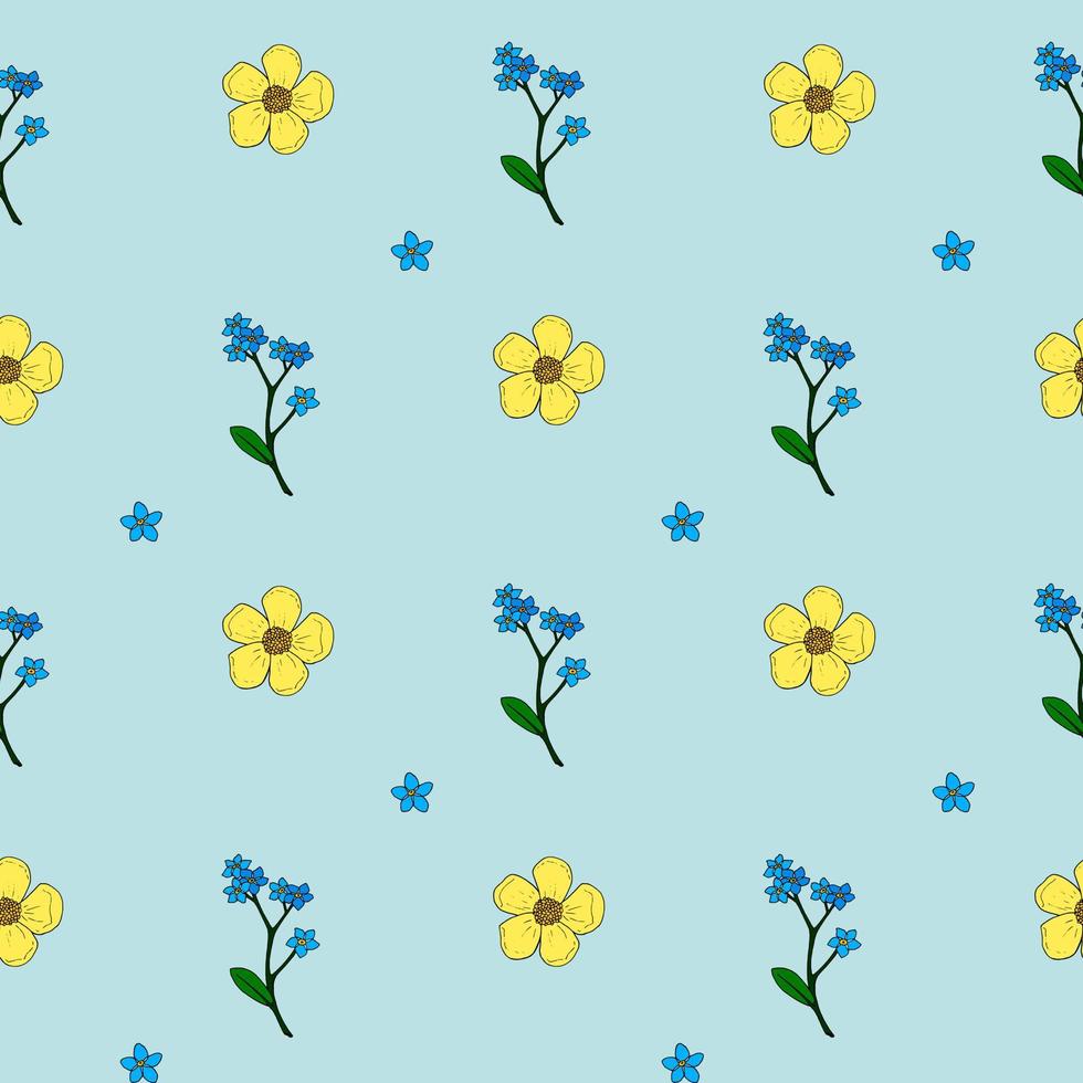 modèle sans couture avec des renoncules et des fleurs myosotis sur fond bleu clair. image vectorielle. vecteur