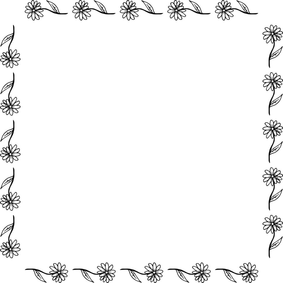 cadre carré avec de grandes fleurs en noir et blanc sur fond blanc. style de griffonnage. image vectorielle. vecteur
