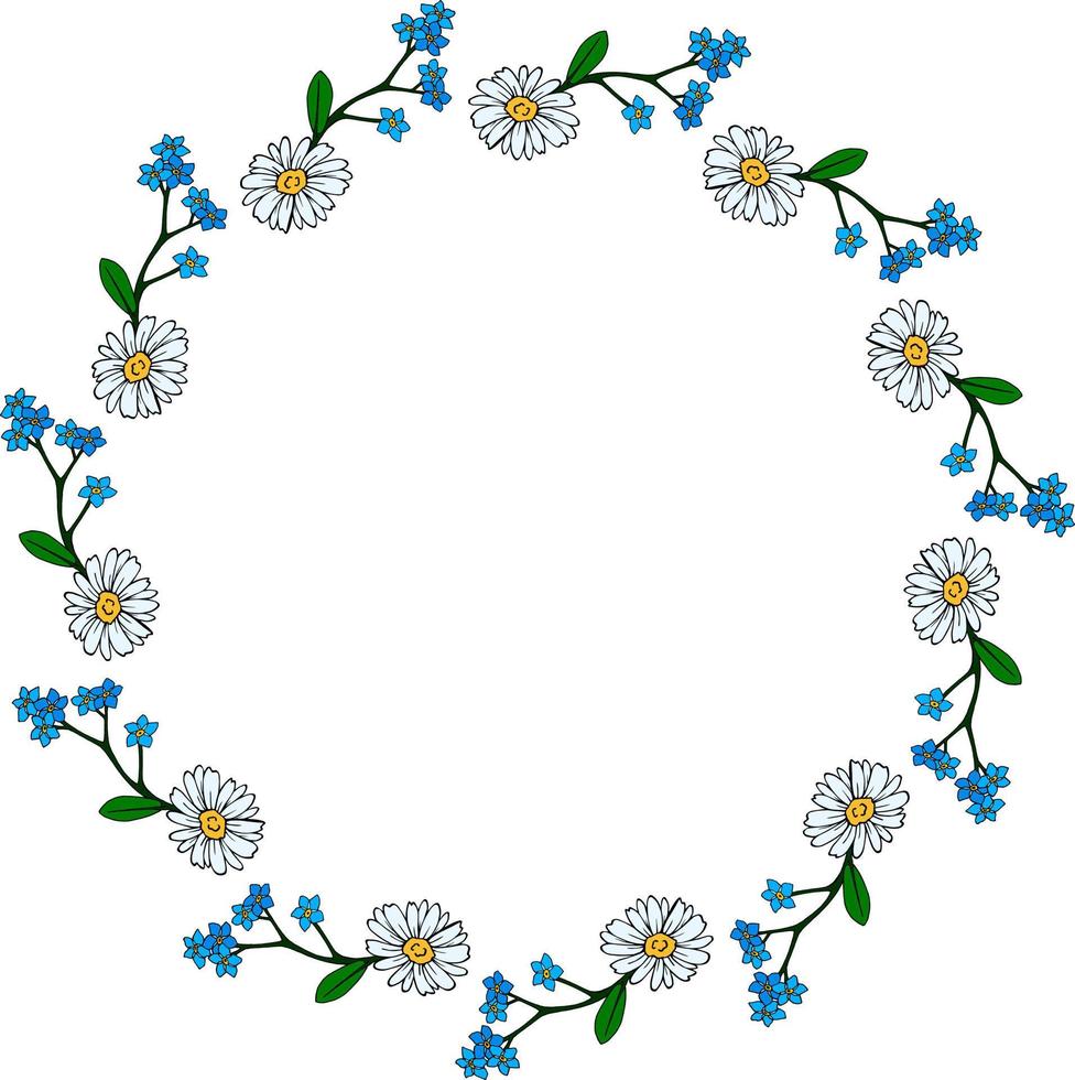 cadre rond avec camomille et fleurs myosotis sur fond blanc. image vectorielle. vecteur