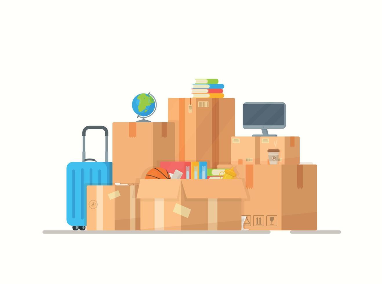 boîtes d'emballage en carton de vecteur, dessin de déménagement, boîte de livraison avec divers articles ménagers. vecteur