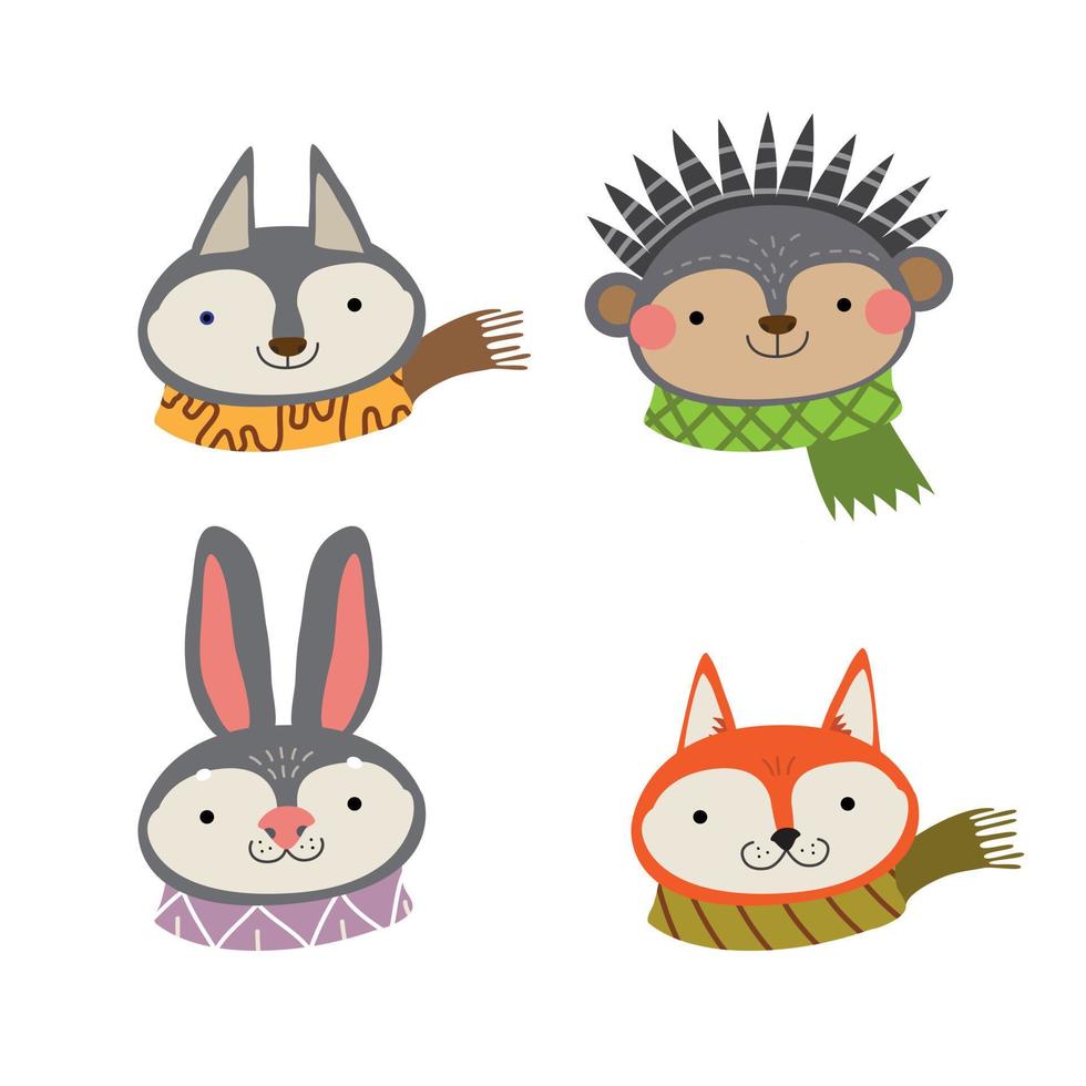 ensemble d'avatars d'autocollants de dessin animé de personnages de la forêt. collection d'animaux mignons. husky, hérisson, lièvre, renard. têtes avec des expressions amusantes. vecteur plat