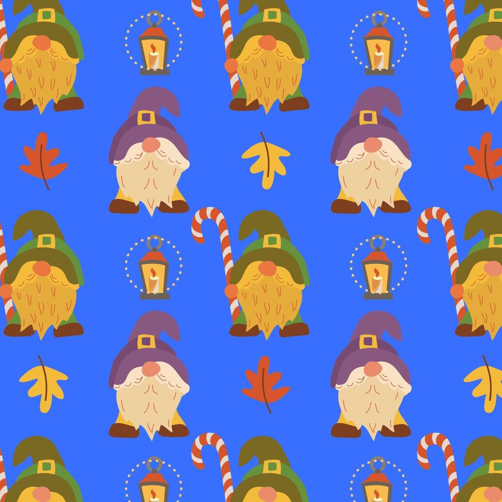 motif de gnome avec des personnages d'automne. gnome de vecteur avec feuilles, lanterne et sucette. fond transparent pour le scrapbooking, le textile ou les trucs de bébé. fond d'écran d'automne avec des personnages de contes de fées.