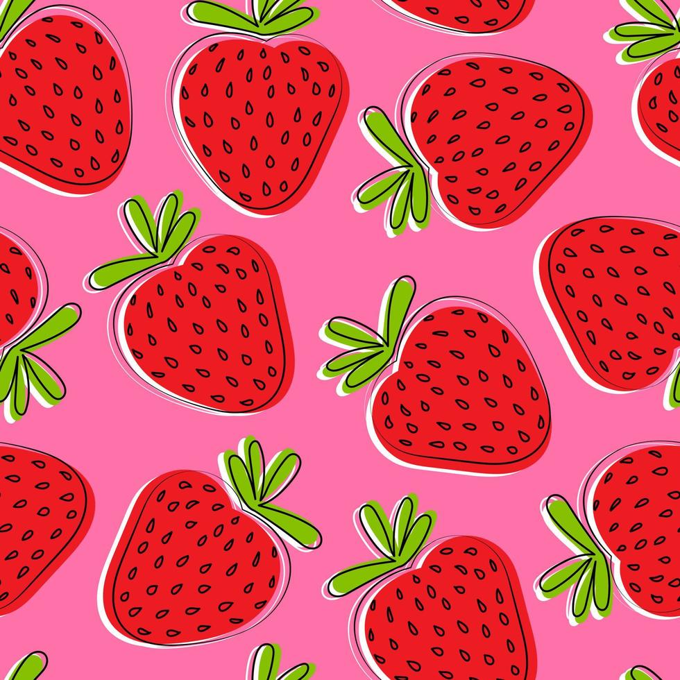 modèle sans couture de fraise colorée. modèle d'impression de tissu vectoriel doodle avec baies rouges. conception d'emballage de fruits juteux dessinés à la main.