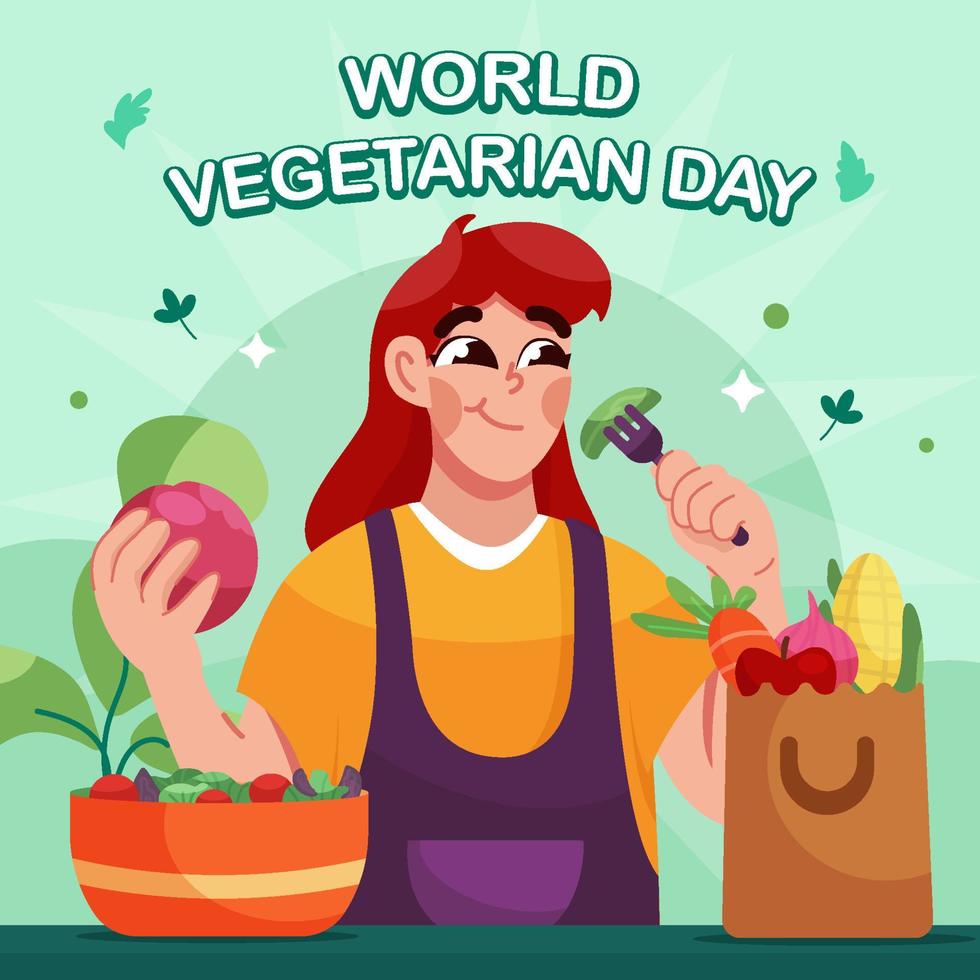 une femme végétarienne mange de la salade pour célébrer la journée mondiale des végétariens vecteur