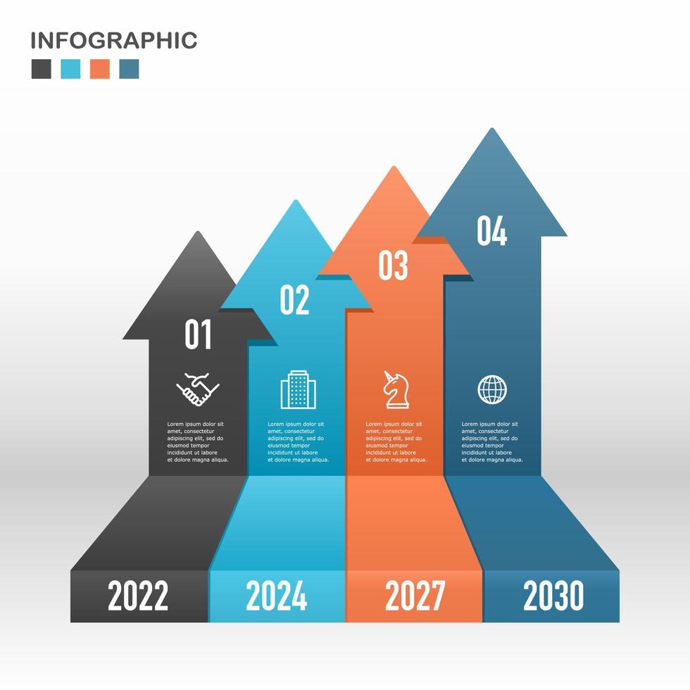 présentation infographique 4 ans d'entreprise data. infographie 4 options. style de flèche. infographie montrant la croissance de l'entreprise. illustration vectorielle. vecteur