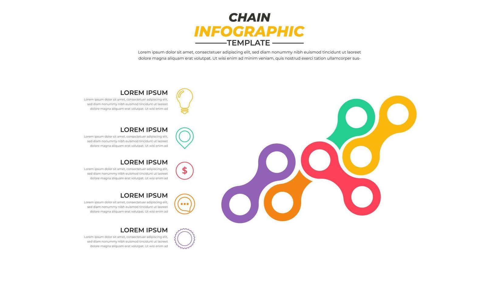 conception infographique de la chaîne avec 5 étapes pour la visualisation des données, diagramme, rapport annuel, conception web, présentation. modèle d'affaires de vecteur