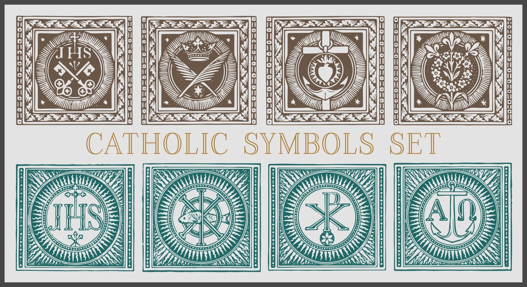 ensemble vectoriel de symboles catholiques de 8, gravure vintage. symbolisme catholique