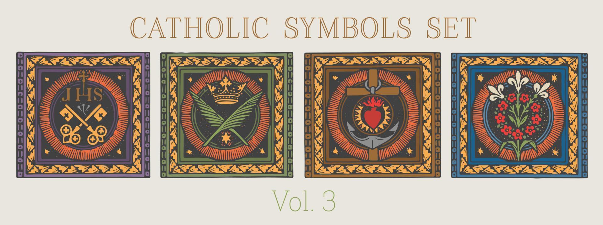 ensemble vectoriel de symboles catholiques de 4, gravure vintage. symbolisme catholique