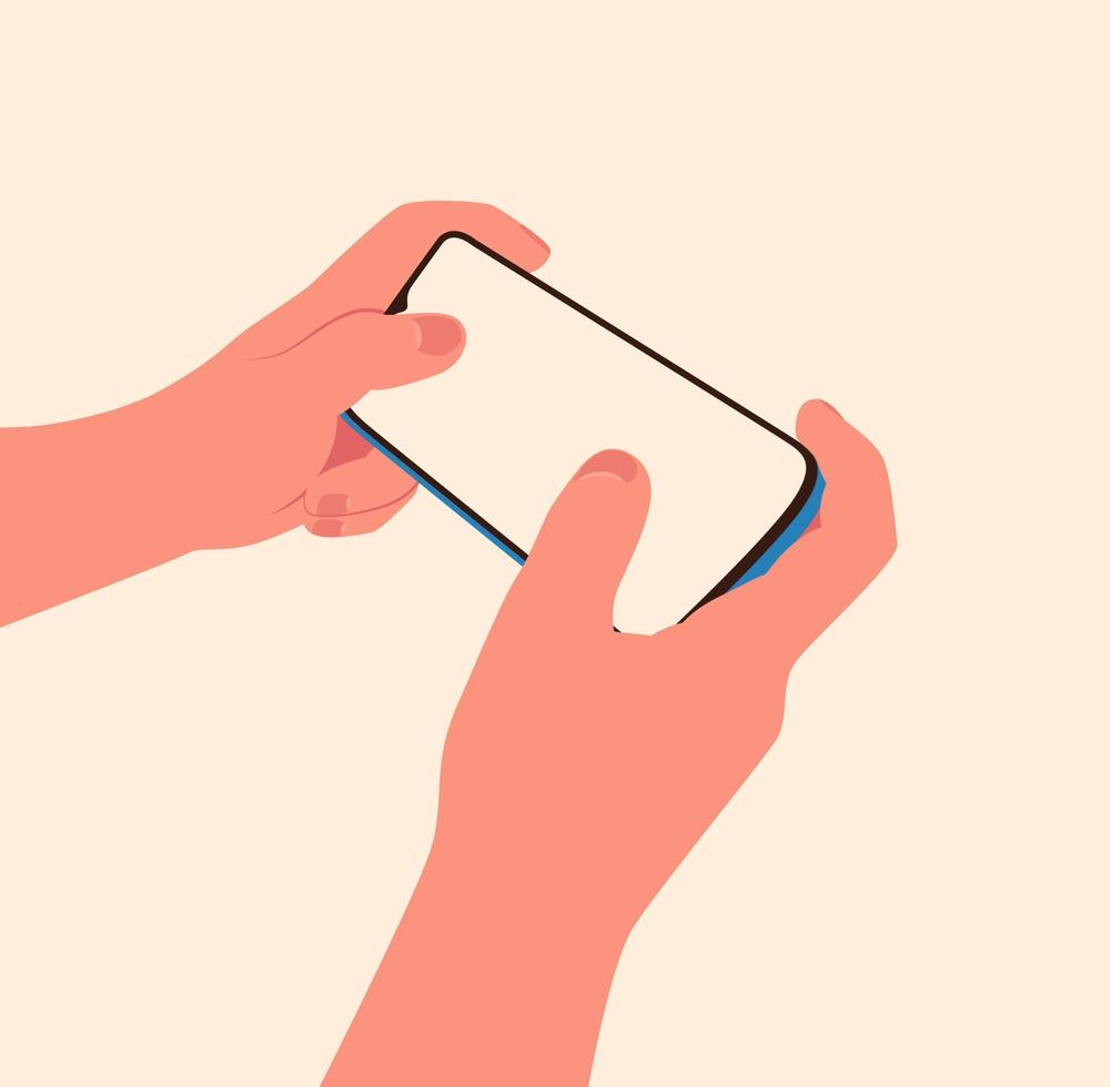 deux mains tenant horizontalement le smartphone en isométrique isolé. concept de jeu mobile vecteur