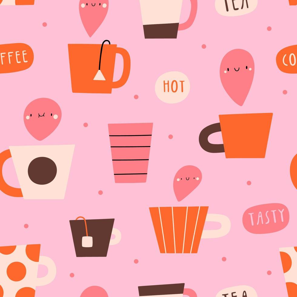 Joli motif sans couture avec différentes tasses à café et à thé. texture vectorielle de boisson chaude. fond de boissons smiley dessinés à la main vecteur