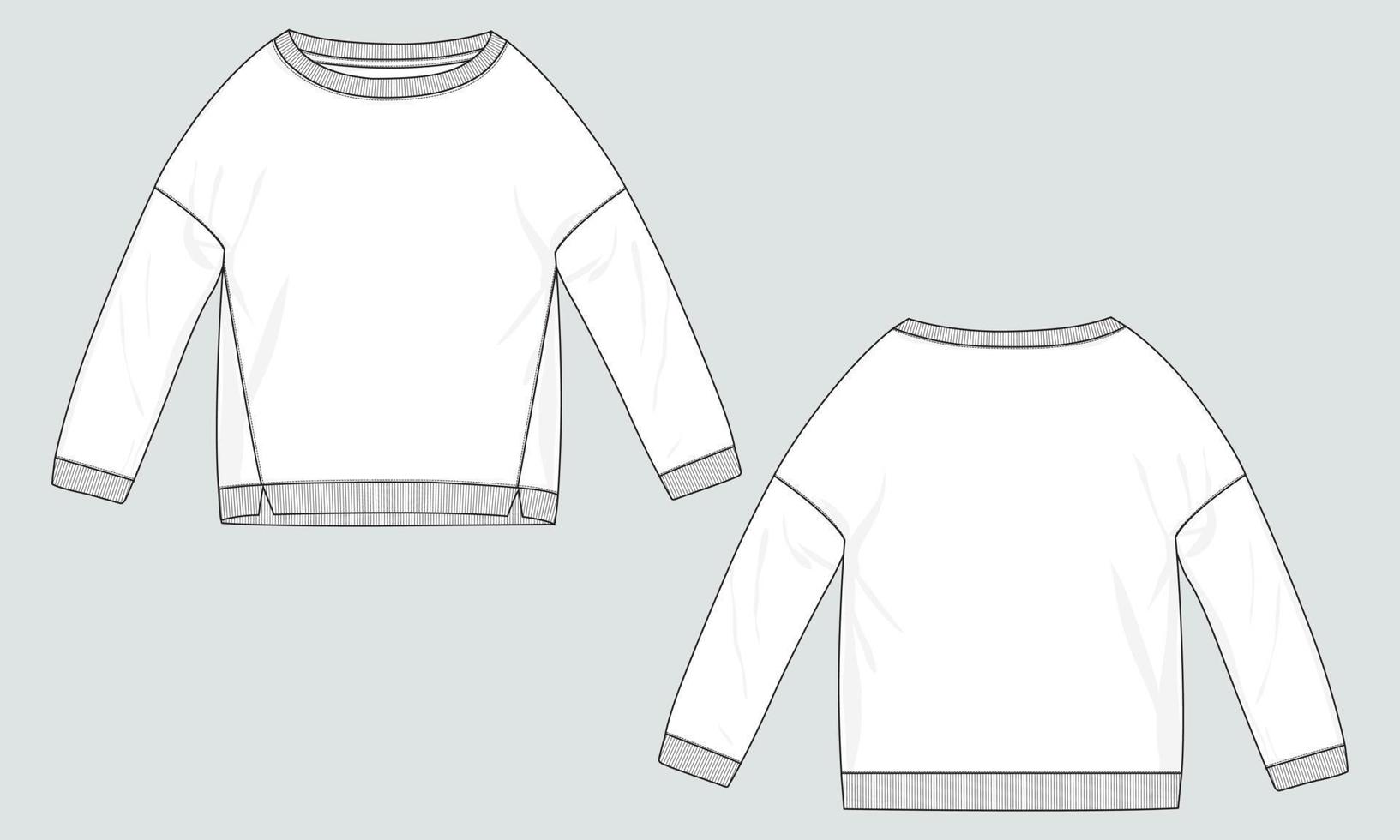 sweat-shirt à manches longues modèle d'illustration vectorielle de croquis plat de mode technique globale pour les femmes. les vêtements en tissu molletonné de coton se moquent des vues avant et arrière. vecteur