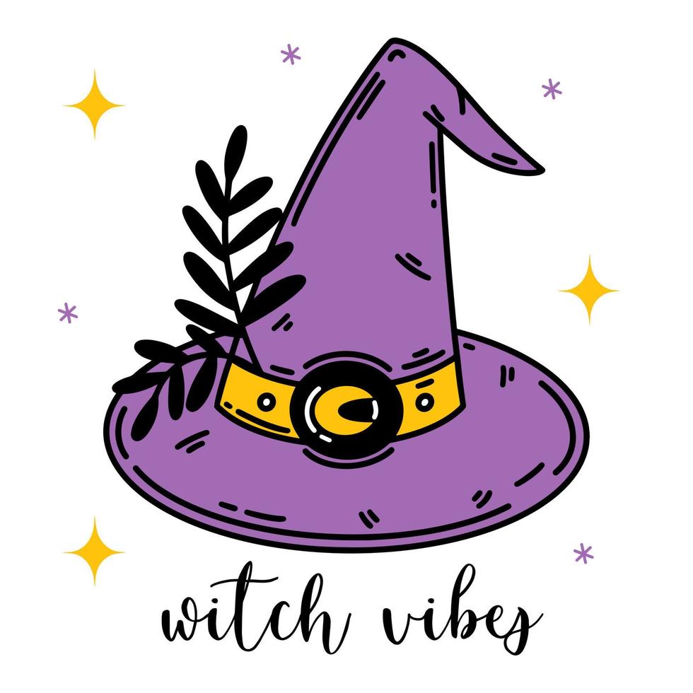 icône de vecteur de chapeau de sorcière violet. bonnet magique en forme de cône, vêtements d'halloween. accessoire avec une boucle ornée de fleurs. clipart de dessin animé plat isolé sur blanc. illustration pour cartes, affiches, logo