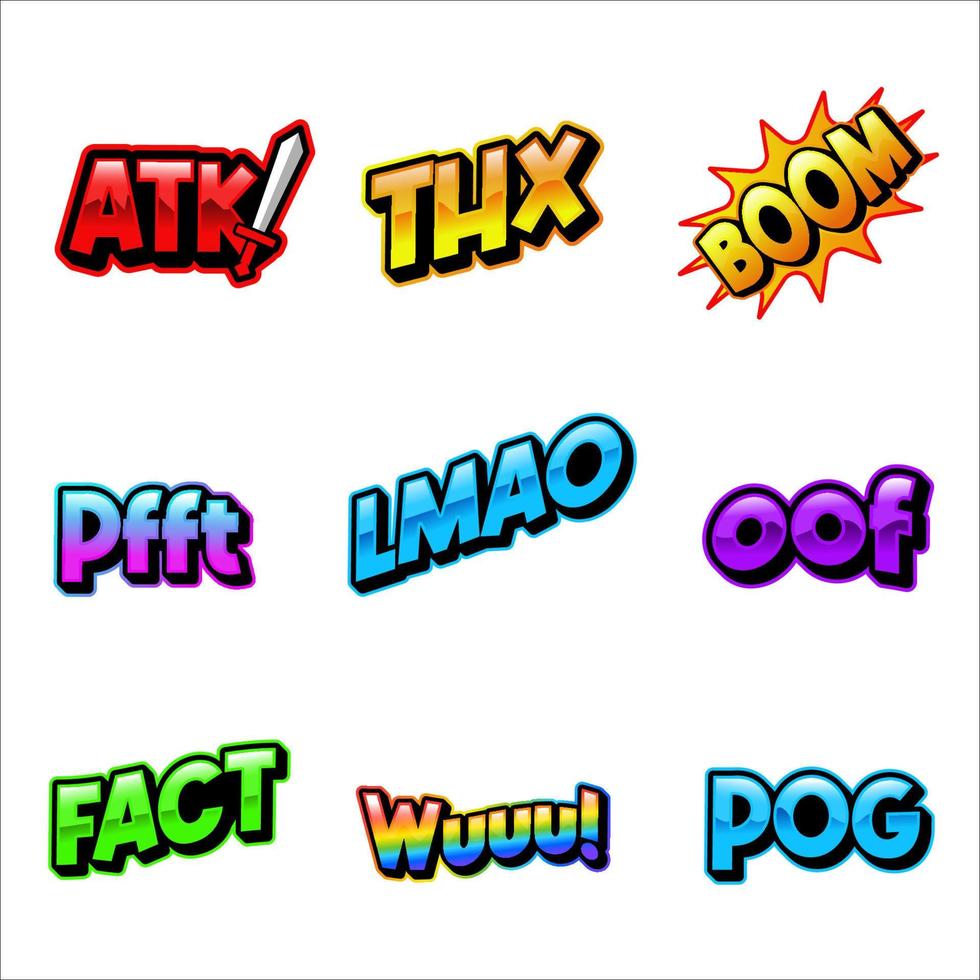 collection d'emotes de texte. peut être utilisé pour twitch, youtube et autres. ensemble d'illustration d'éléments de texte de conversation graphique vecteur