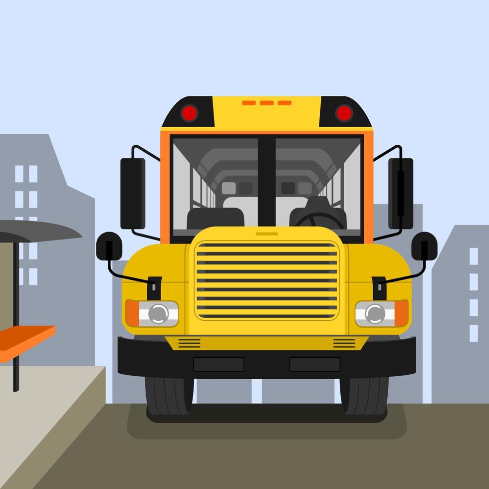 autobus scolaire vue de face modifiable sur illustration vectorielle de route avec fond de silhouette de paysage urbain pour véhicule de transport ou conception liée à l'école et à l'éducation vecteur