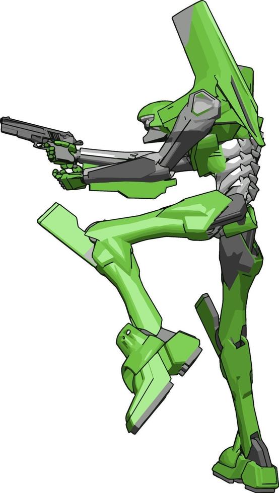 Robot vert avec pistolet, illustration, vecteur sur fond blanc.