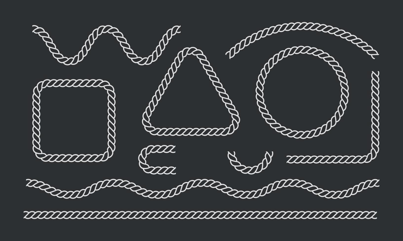 cadre en corde et détails de bordure. rayures décoratives courbes marines. illustration vectorielle sur fond noir vecteur