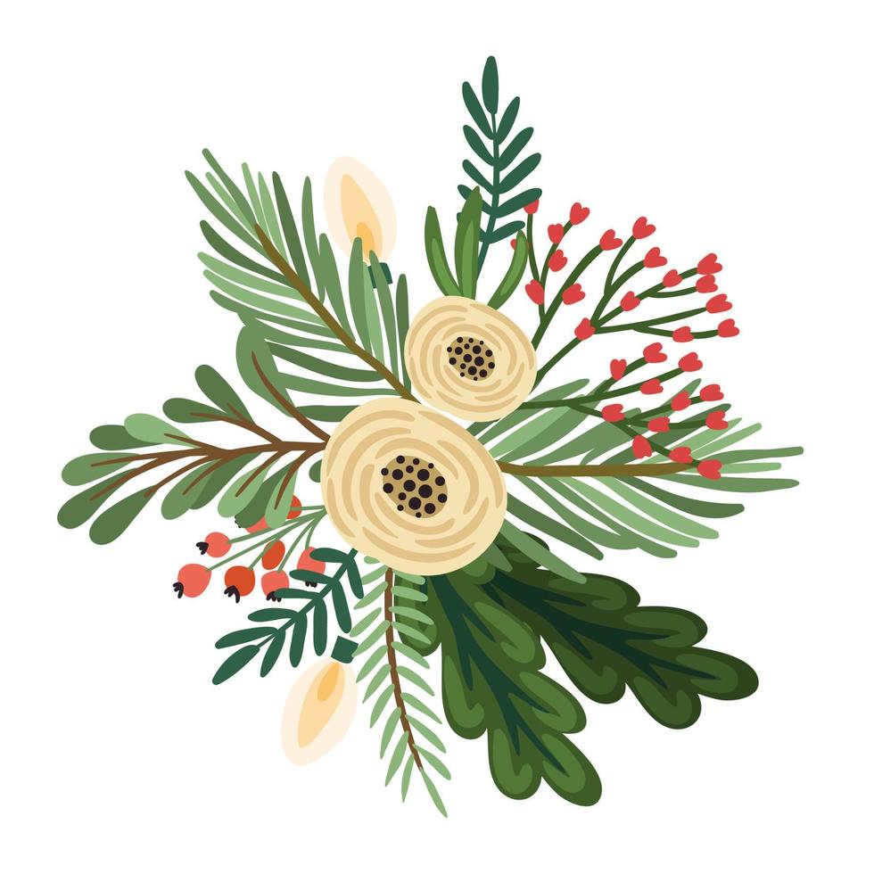 composition florale de noël et bonne année. sapin de noël, fleurs, baies. illustration isolée. conception des éléments. vecteur