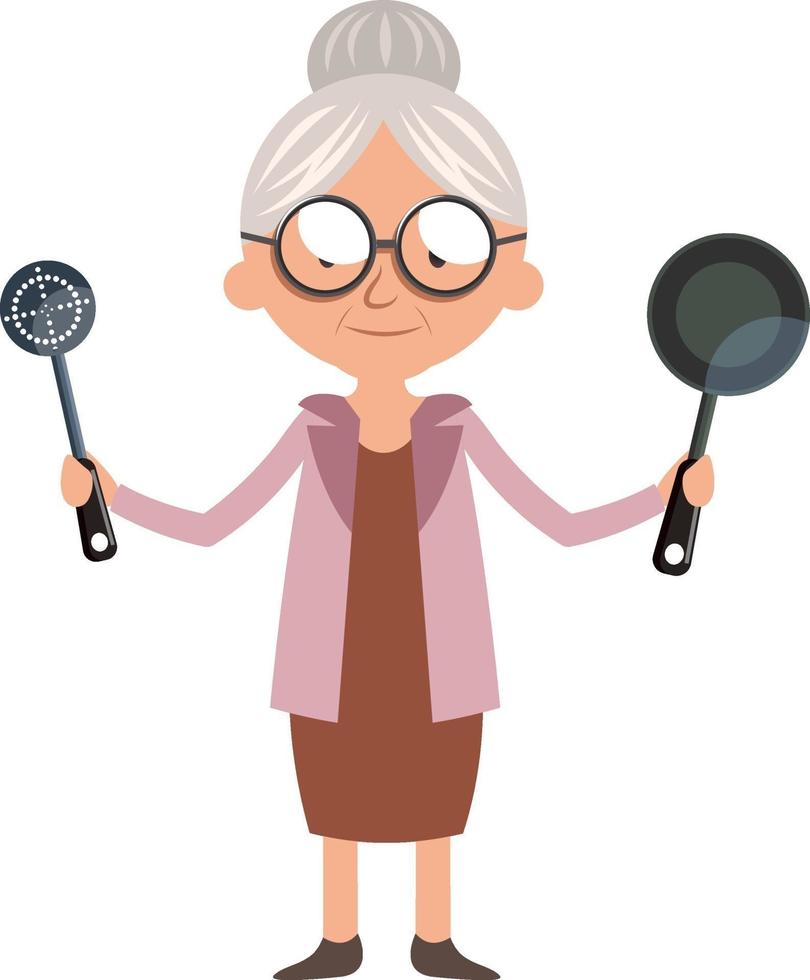 grand-mère avec casserole, illustration, vecteur sur fond blanc.