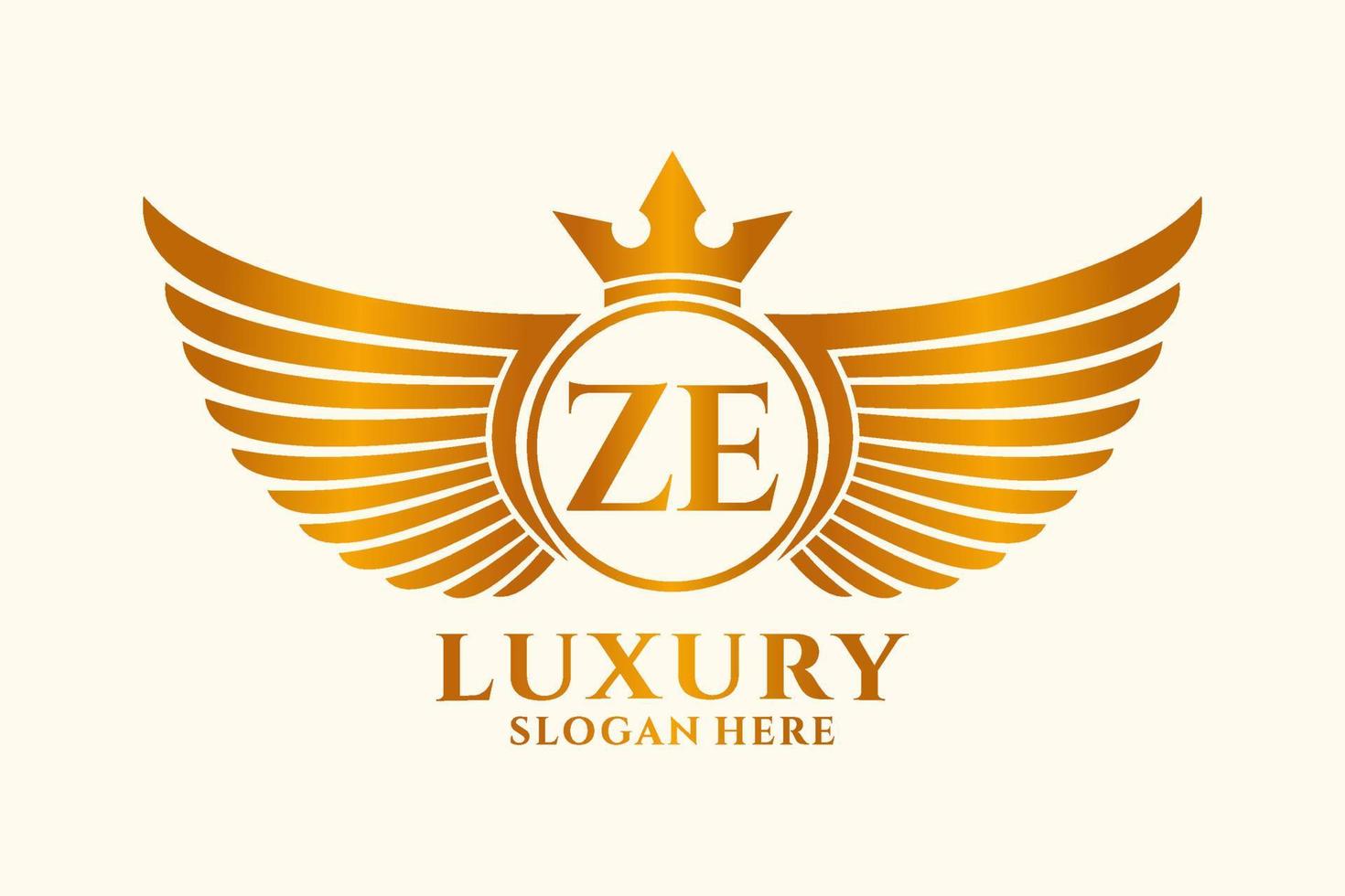 lettre d'aile royale de luxe ze crête or couleur logo vecteur, logo de victoire, logo de crête, logo d'aile, modèle de logo vectoriel. vecteur