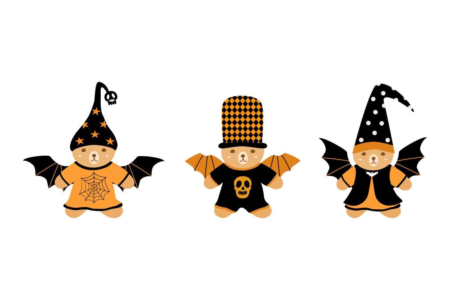 vecteur - ours en peluche mignon vêtu d'une robe d'halloween avec aile. couleur orange et noir. clipart. paquet. style bande dessinée. peut être utilisé pour l'impression, le papier, l'autocollant, le web.