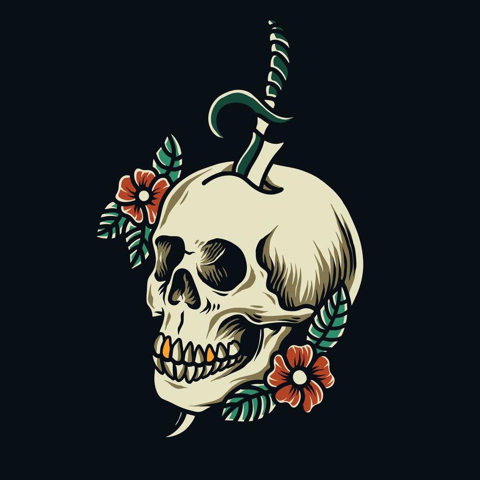 tatouage de crâne avec des fleurs vecteur
