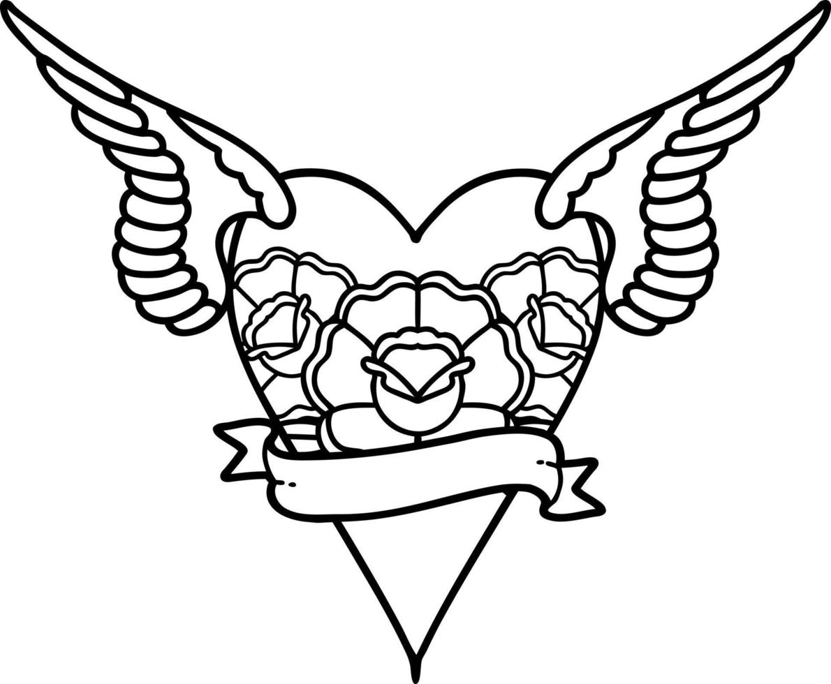 tatouage dans le style de ligne noire d'un coeur avec des ailes et une bannière vecteur